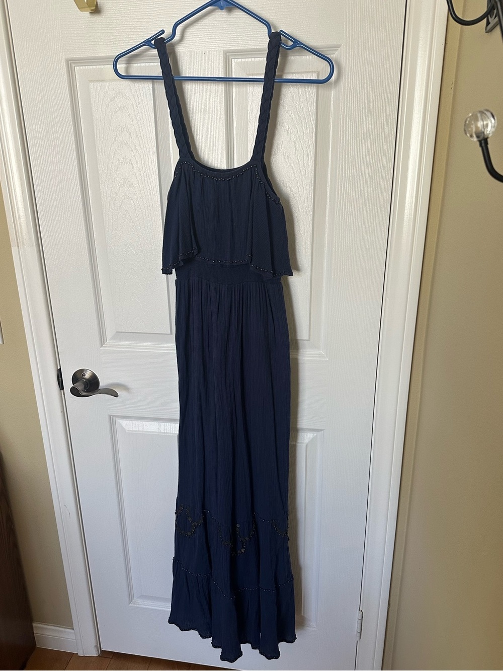 Navy Blue Sleeveless Boho Maxi Dress with beading
